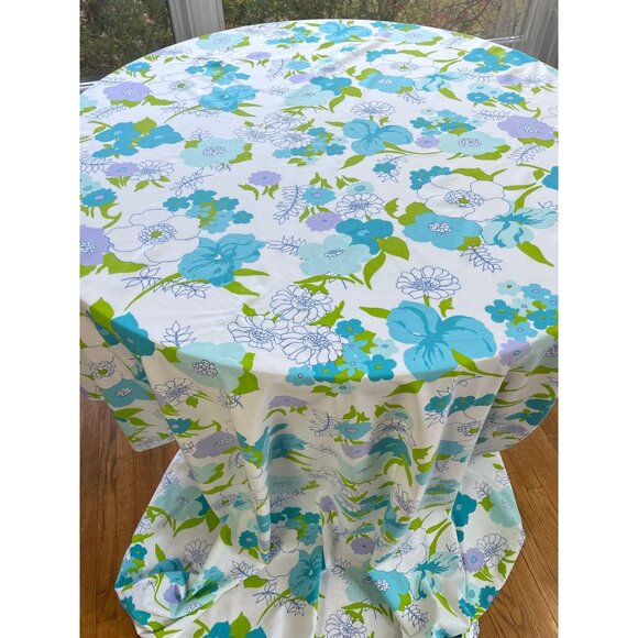 Vintage 70s fitted sheet, blue, purple, green floral, full/double size bedsheet - Picture 3 of 9